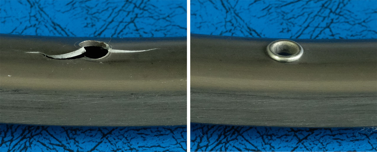 1例目（2015年）のリム亀裂（左）と正常なアイレット（右）・・・走行11300km