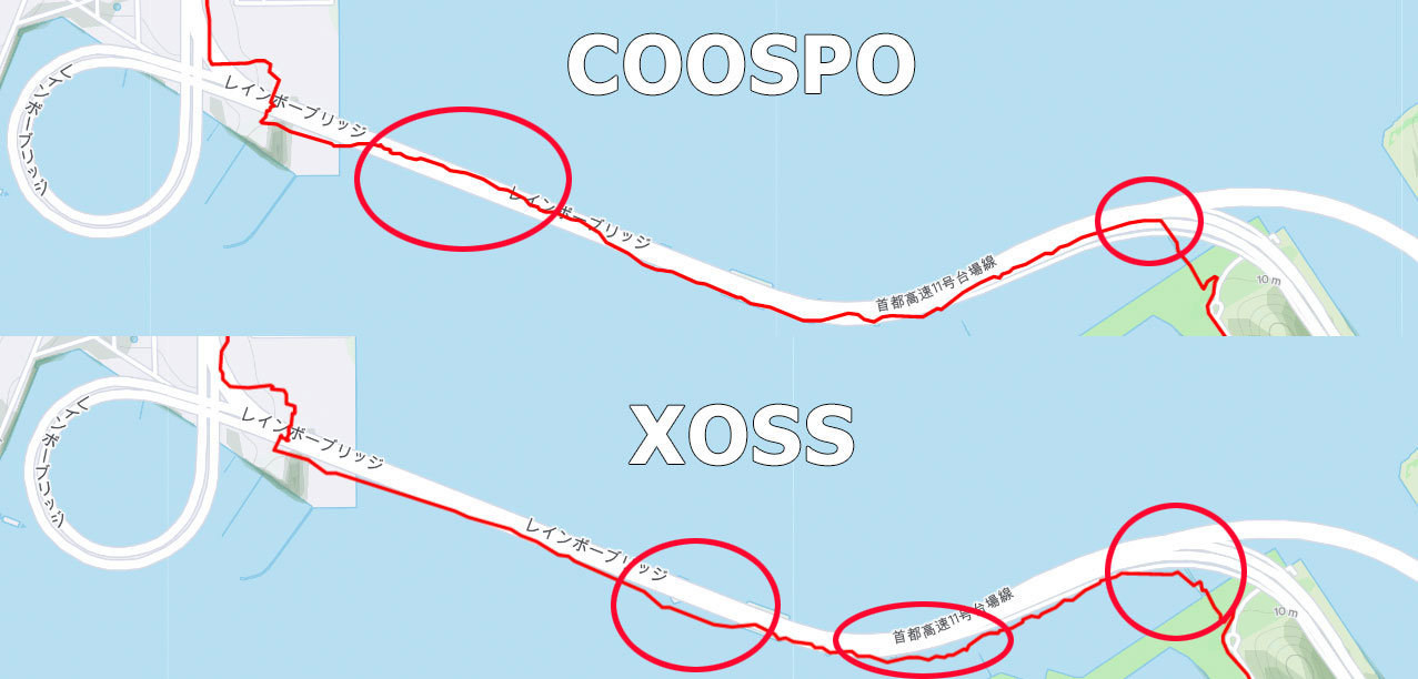 COOSPO BC107とXOSS G+のGPS軌跡の違い